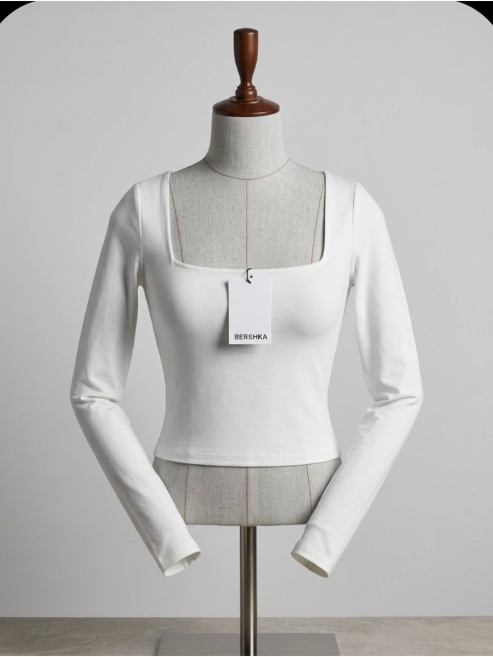 Bershka White Long Sleeve Scoop Neck Crop Top